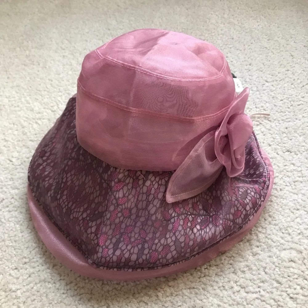 NWT Elegant Pink Organza & Wide Brim Foldable Hat with Floral Accent